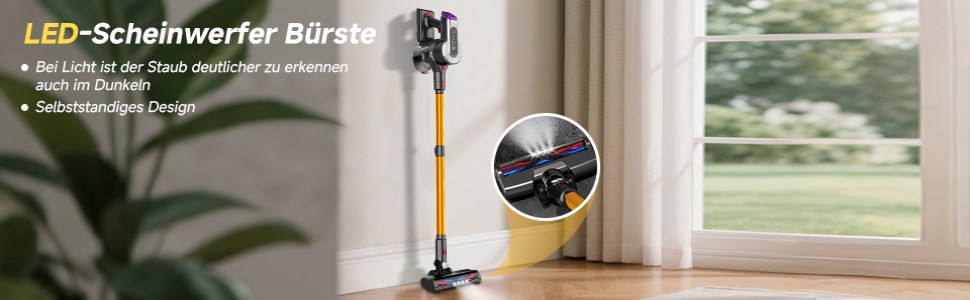 Акумуляторний бездротовий пилосос Hearten 4-в-1 з LED-дисплеєм та антизаплутувальною щіткою, керуванням в один дотик, LED-підсвічуванням для шерсті тварин/килимів/твердих підлог (Золотий)