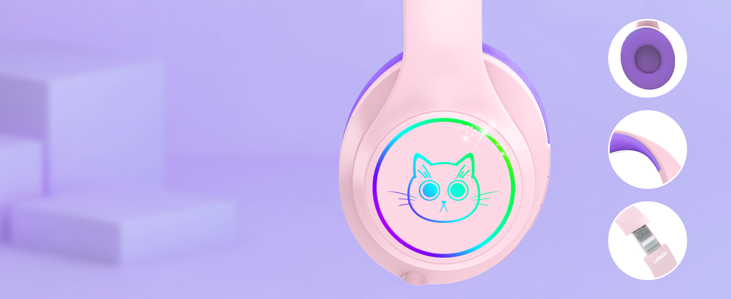 Дитячі навушники LOBKIN Bluetooth Over-Ear з чохлом, бездротові та провідні, для дівчаток, складні, регульовані, для школи та подорожей (рожево-фіолетові)