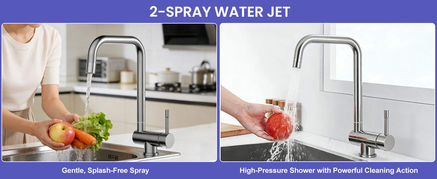 Змішувач кухонний висувний з нержавіючої сталі, 360° поворот, 4 режими, високий вилив, для мийки, ABS-розпилювач, G3/8 з'єднання (тільки для EU)