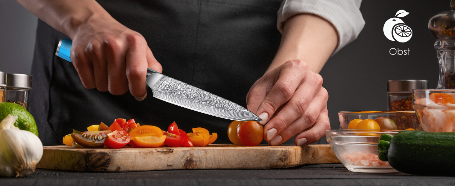 Ніж кухарський Kiritsuke з дамаської сталі, 18.8 см, VG-10, ергономічна ручка з натуральної смоли, подарункова коробка (блакитний)