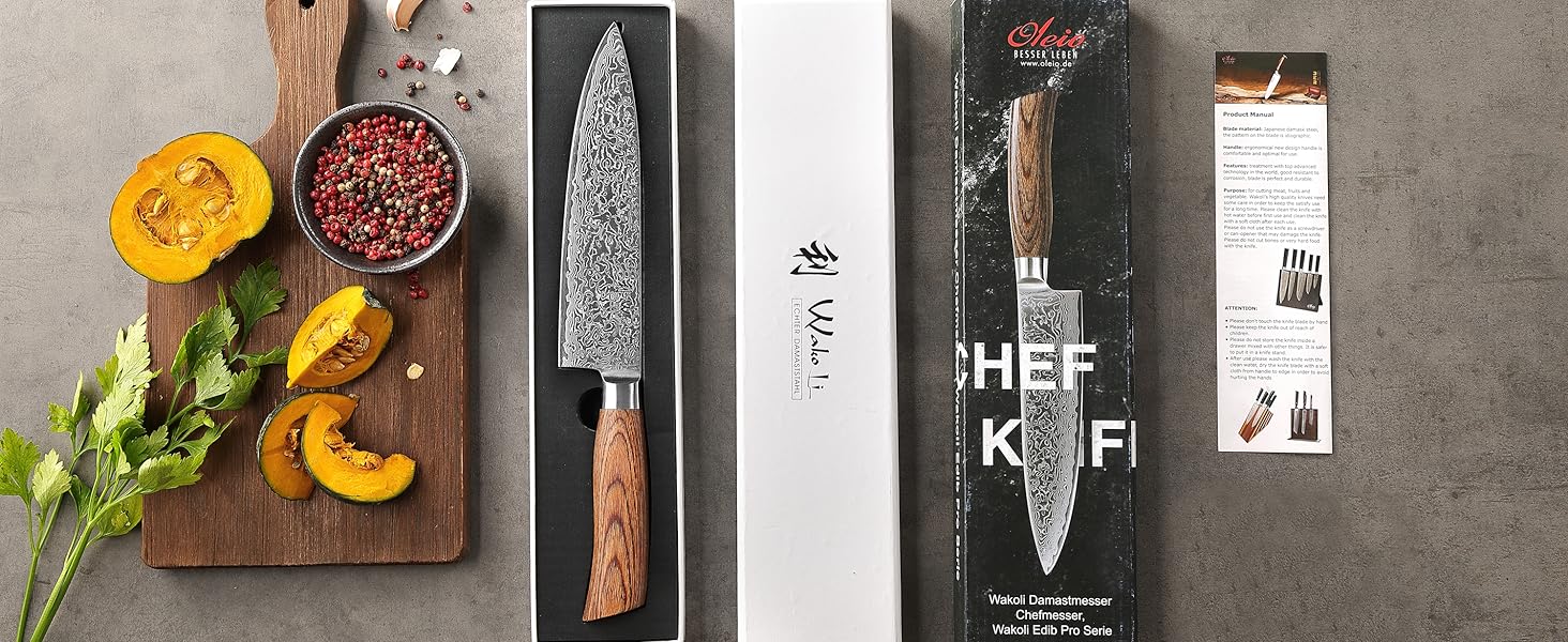 Ніж кухарський Wakoli EDIB Pro з дамаської сталі (серцевина VG10), 20 см - гострий та збалансований, з ручкою з паккавуду в подарунковій коробці - кухонний ніж з дамаску для професійних та аматорських кухарів, срібний