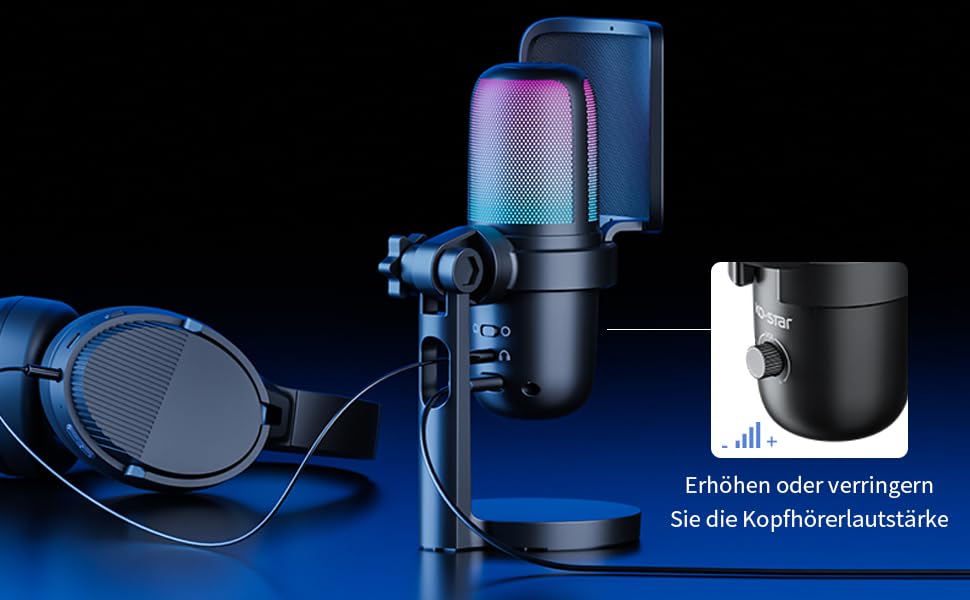 KO-Star USB мікрофон з RGB підсвіткою для ПК та смартфона – конденсаторний мікрофон зі штильником, регулятором підсилення, поп-фільтром та антивібраційним кріпленням для стрімінгу, подкастів та запису