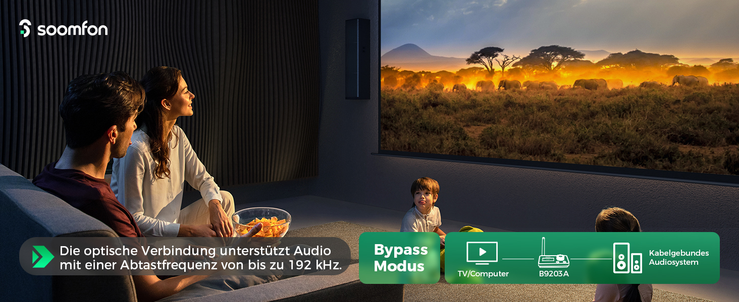 SOOMFON Bluetooth 5.2 Передавач/Приймач: Адаптер 3-в-1 для TV, Аудіосистеми, Навушників, Підтримка aptX LL & HD, Регулювання гучності, Dual Connection, Aux/Оптичний/RCA