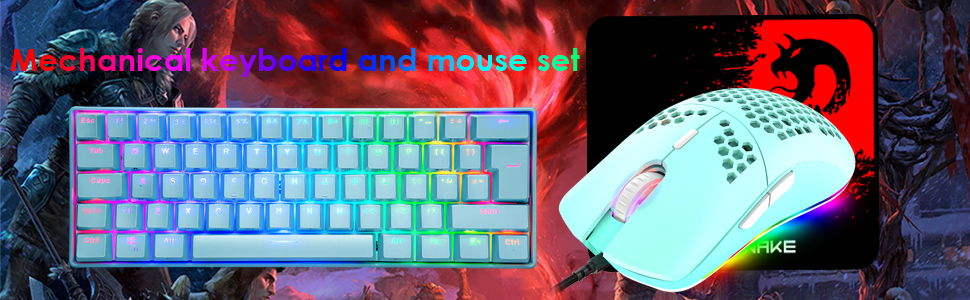 Ігровий комплект клавіатури та миші MK21: механічна клавіатура 60% з RGB підсвічуванням (62 клавіші), миша 6400 DPI та килимок для миші. Сумісний з PS4, Xbox, PC. Кольори: чорний/блакитний (Blue Switch)