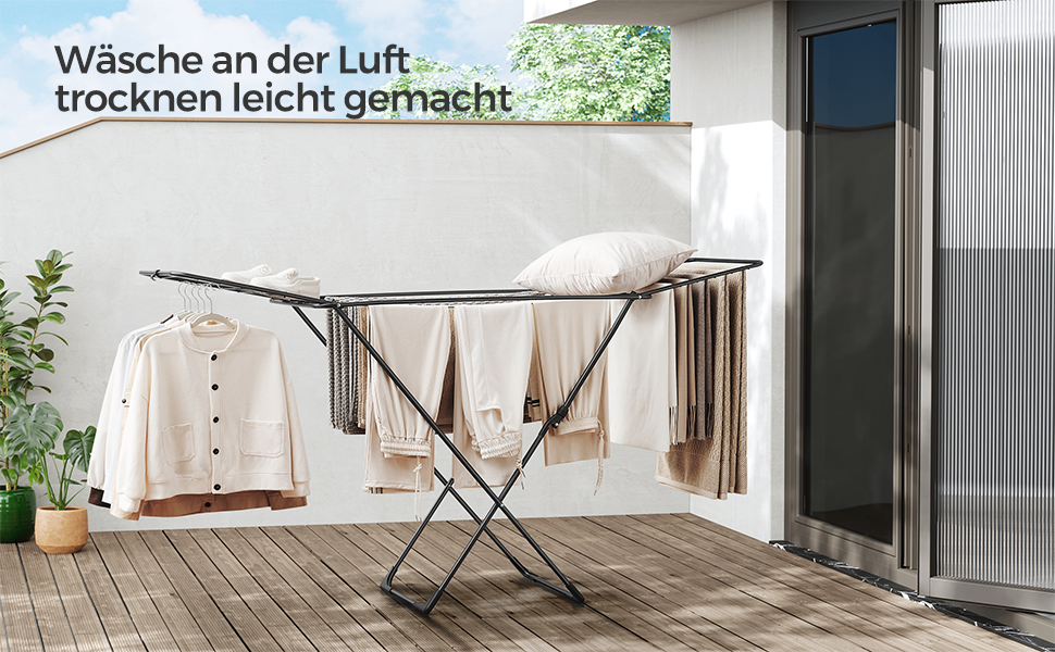 SONGMICS Сушарка для білизни, розкладна, стаціонарна, для дому та вулиці, біла LLR540W01 (Чорний)