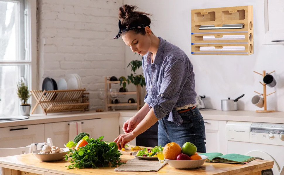 Диспенсер для харчової плівки 5 в 1 з дерев'яною коробкою та різаком, органайзер для кухні
