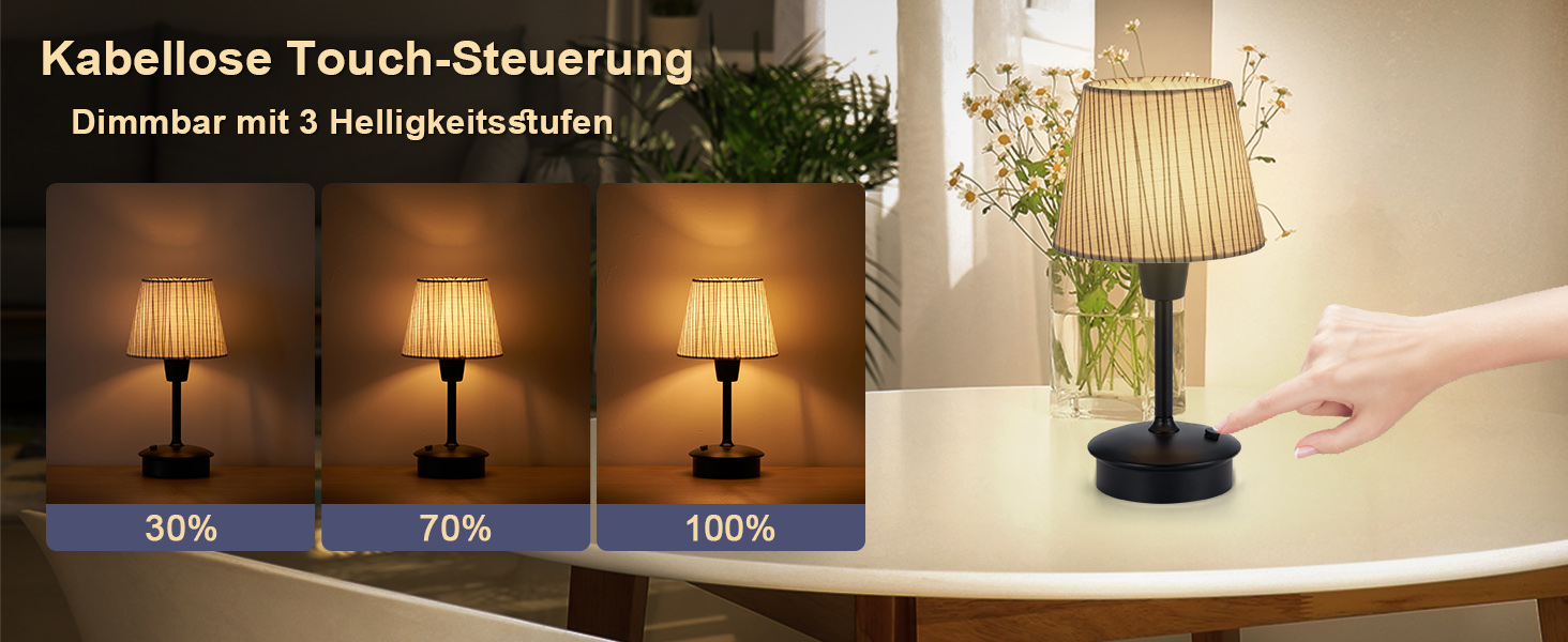 Акумуляторна настільна лампа: портативна, бездротова з димером, для дому та саду, з абажуром з льону, антична металева біла, з смугастим абажуром (чорно-білий)