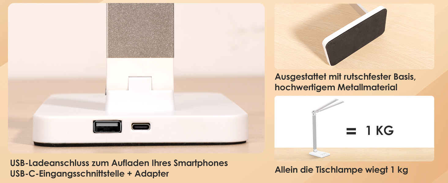 LED-лампа настільна з бездротовою зарядкою та годинником - настільна лампа з регулюванням яскравості, USB-порт, 3 режими, білий колір (Mt862-eu-white)