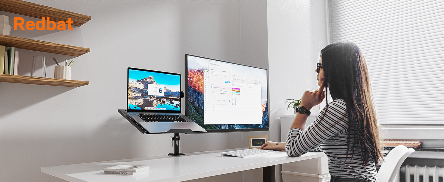Кріплення для монітора Redbat з відділенням для ноутбука, Dual Screens, повністю регульоване для LCD LED екранів 13-32 дюймів до 8 кг та ноутбуків до 16 дюймів, нахил, поворот та обертання, 2 способи кріплення