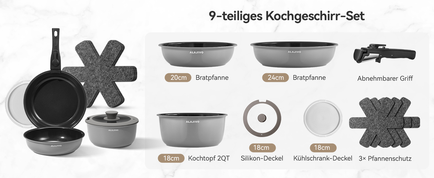 Набір посуду 9-ти частинний з знімним ручками, антипригарне покриття, керамічна сковорода, набір каструль з кришками, для всіх типів плит, безпечний у духовці (сірий)
