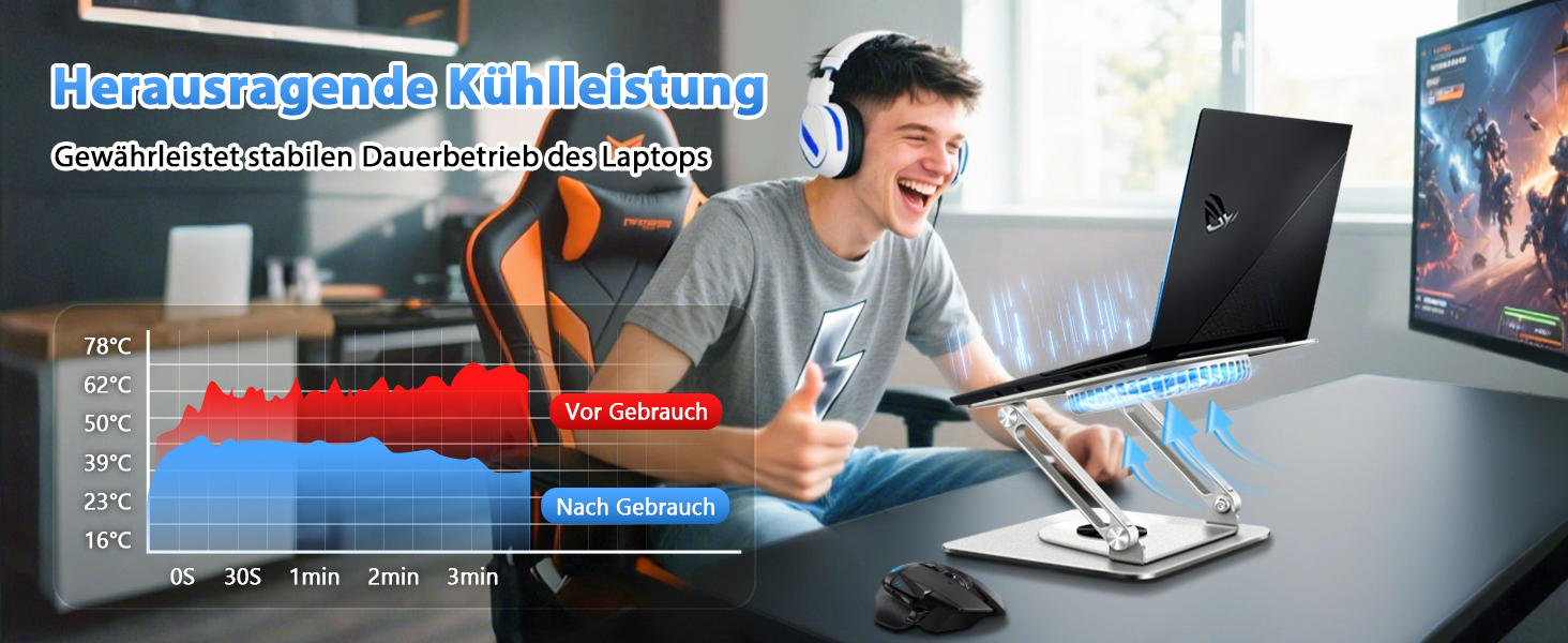 Підставка для ноутбука ICARE з магнітним кулером, 360° обертання, до 10 кг, тиха (18dB), для ноутбуків та планшетів до 16 дюймів, срібна