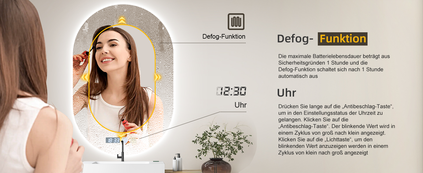 Дзеркало для ванної кімнати з підсвічуванням 50x70 см, з підігрівом, годинником, LED-підсвічуванням, сенсорною панеллю, функцією пам'яті, 3 кольори світла, регулювання яскравості