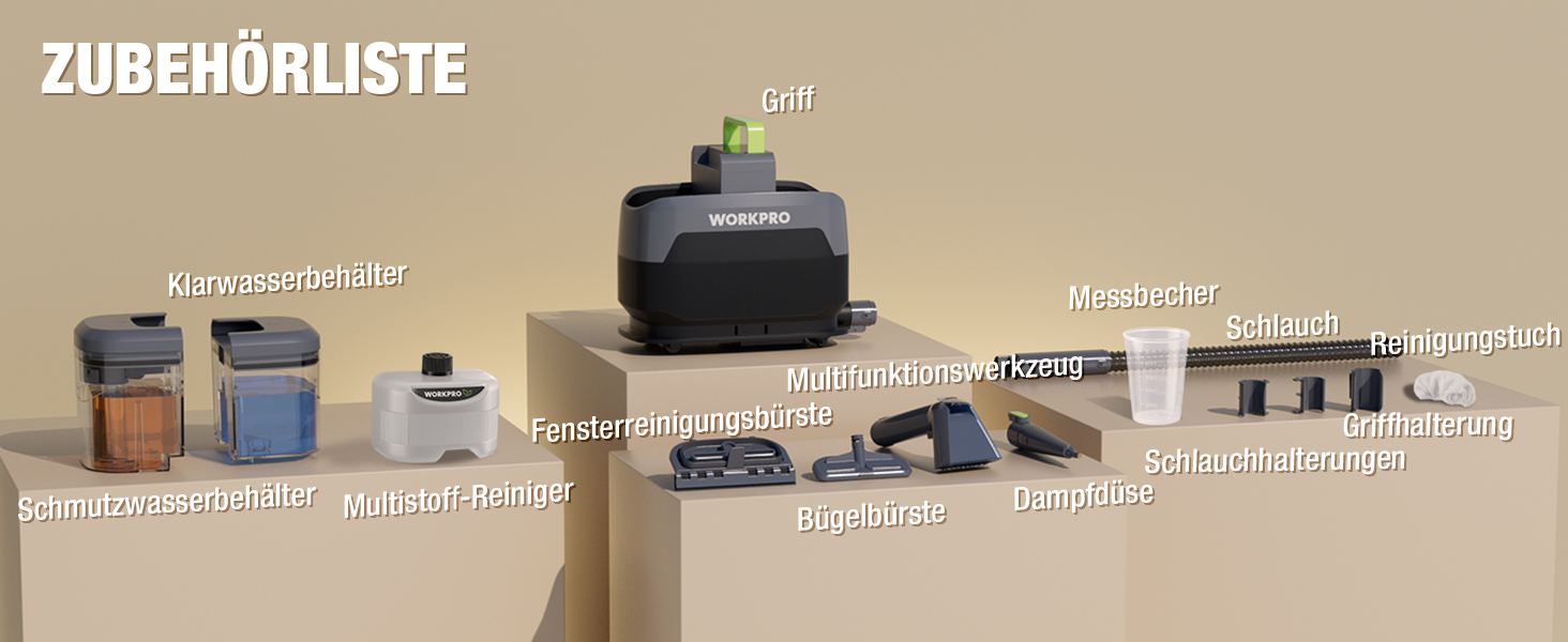 WORKPRO Мийний пилосос для килимів та м'яких меблів, 16 kPa, 4 режими очищення, насадки для килимів, диванів, матраців, вікон, видалення тваринських плям