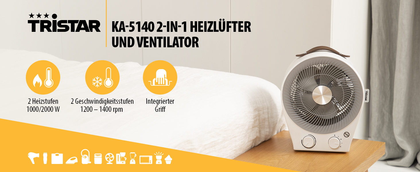Tristar KA-5140 2-в-1: Електричний обігрівач та вентилятор - 4 режими, 2000 Вт, білий