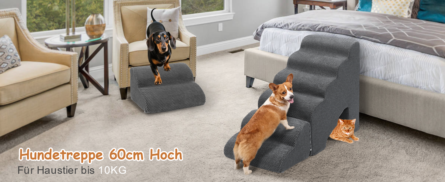 Східці для собак A.FATI 60 см: 6 ступенів, для ліжка, Boxspring, неслизькі, для маленьких/поранених собак та котів, темно-сірий