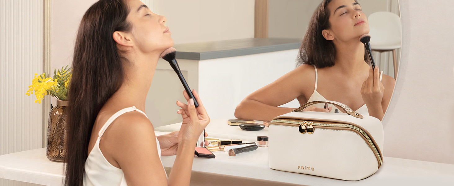 Косметичка велика містка для подорожей, водонепроникна з PU-шкіри, з прозорими перегородками та ручкою, бежева