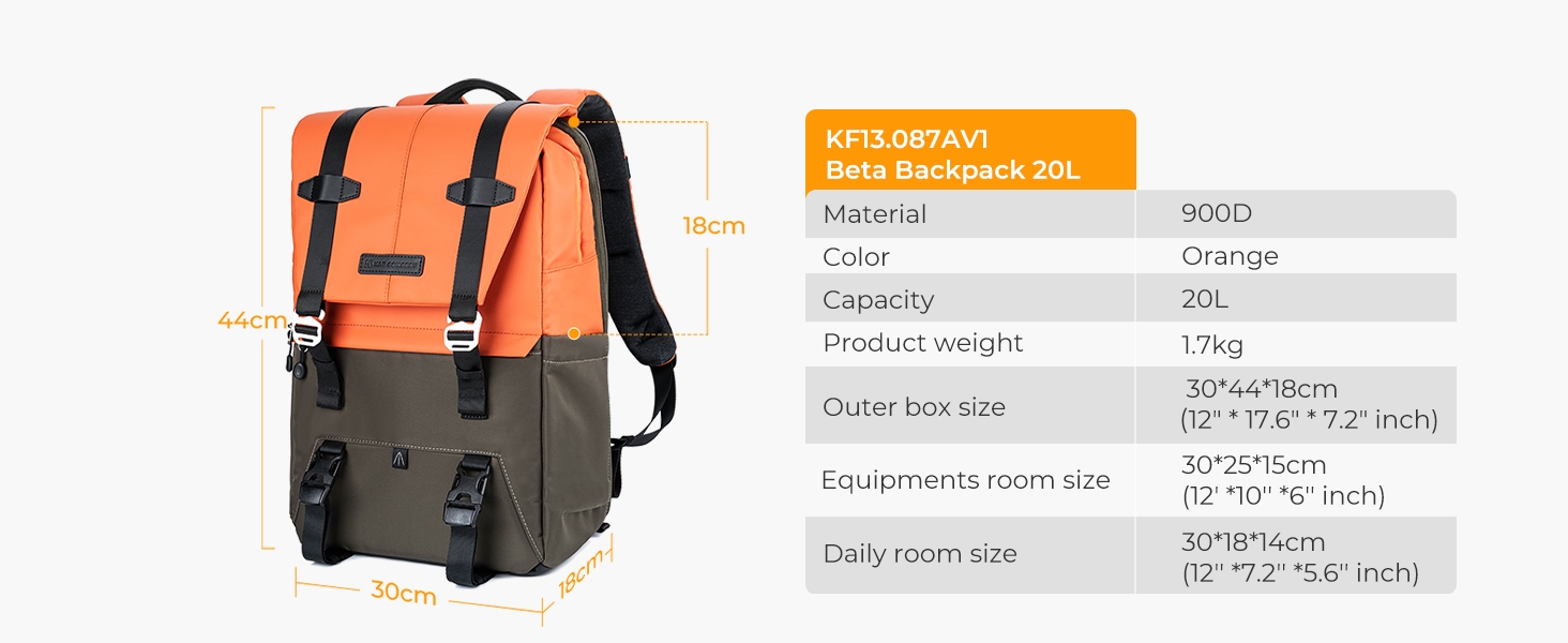 Рюкзак для камери K&F Concept 20L, великий фоторюкзак з відділенням для ноутбука 15.6 дюймів, водонепроникний, з дощовиком, оранжевий