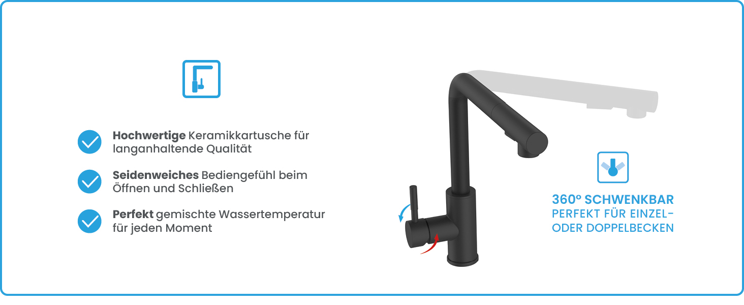 Кухонний змішувач Bächlein Varvaro – поворотний на 360° з висувним шлангом та душем, матовий чорний