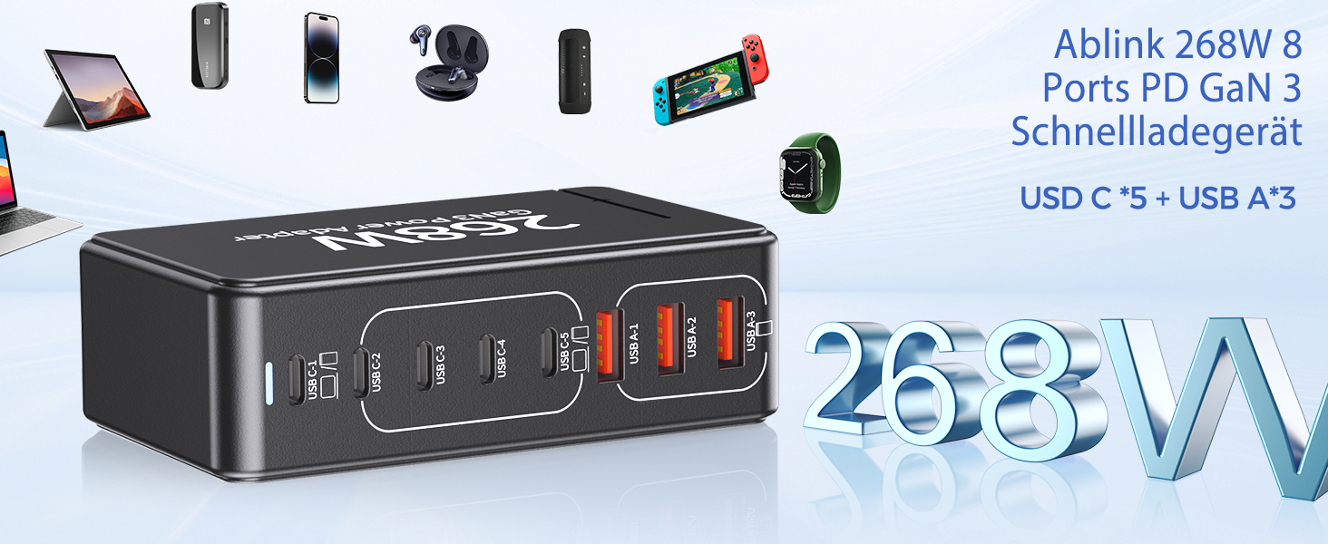 Зарядний пристрій USB-C GaN III 268W: 8 портів, швидка зарядка PD для iPhone, Samsung, MacBook, Dell, Steam Deck та інших пристроїв