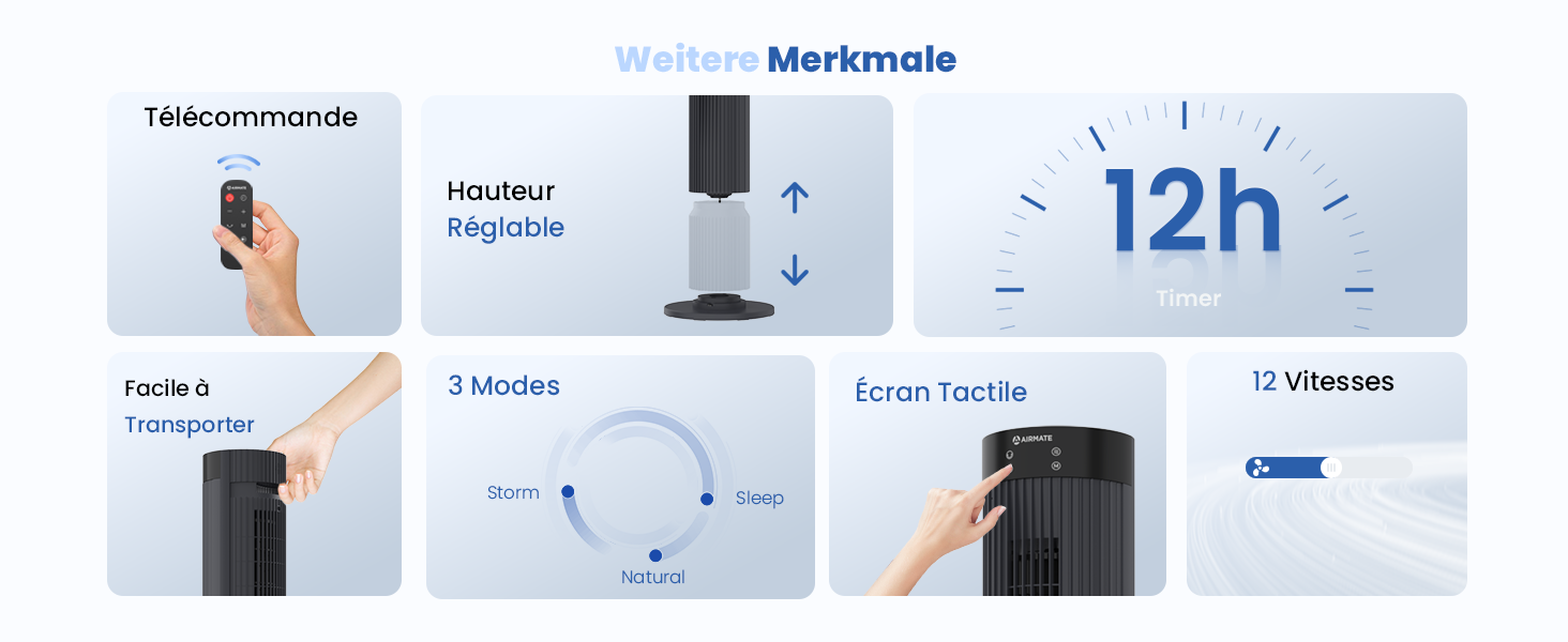 Турбовентилятор AIRMATE: 12 швидкостей, пульт ДУ, 10 м/с, 110 см, 3 режими, таймер 12 год, LED дисплей, 40W, сірий