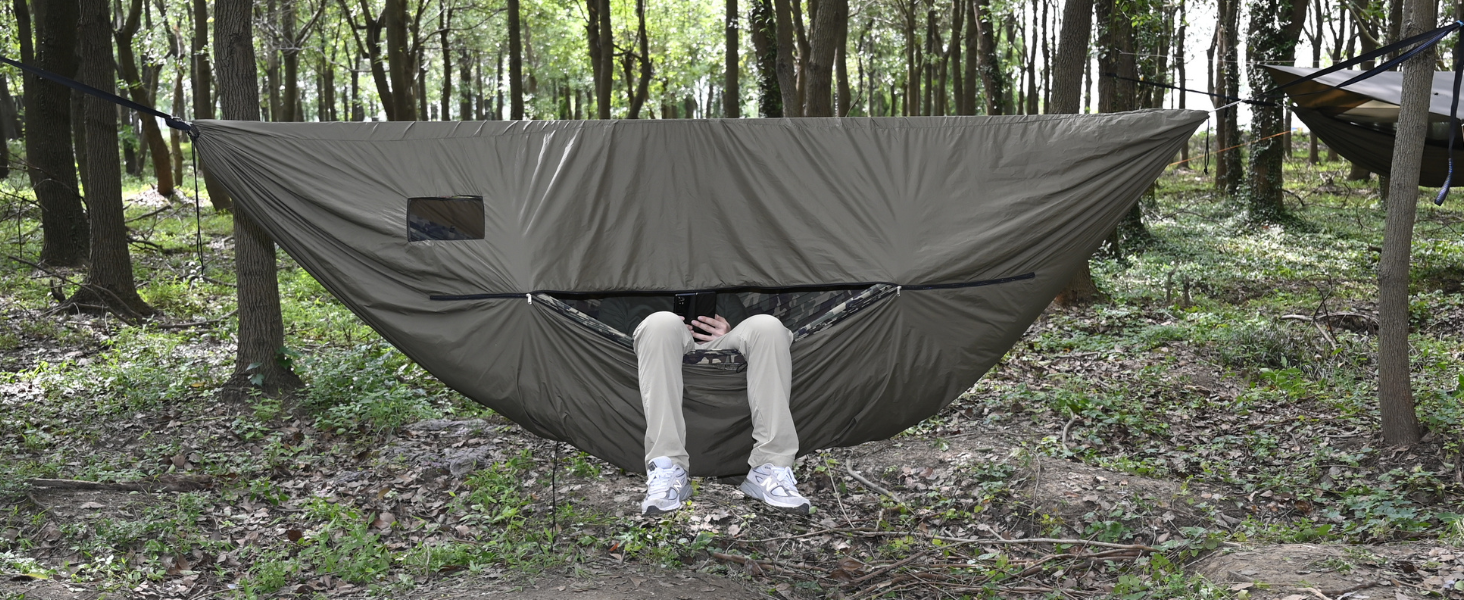 Гамак Onewind Premium 335×162 см з москітною сіткою та ременями для дерев, однорозмірний, для кемпінгу, туризму, подорожей, подвійна двошарова тканина, оливковий зелений