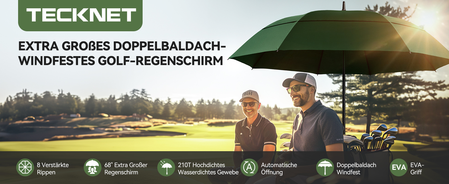 TECKNET Гольф-парасолька XXL, велика парасолька, штормостійка, автоматична, з EVA-ручкою, для жінок та чоловіків (зелена, діаметр 150 см)
