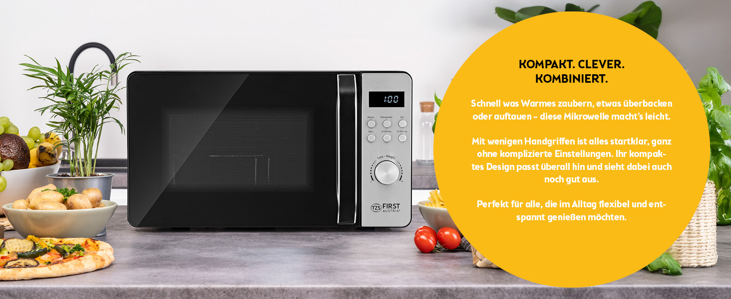 Мікрохвильова піч з грилем TZS First Austria 20L - 2-в-1, 700/800W, 8 програм, LED-дисплей, нержавіюча сталь, захист від дітей, чорний