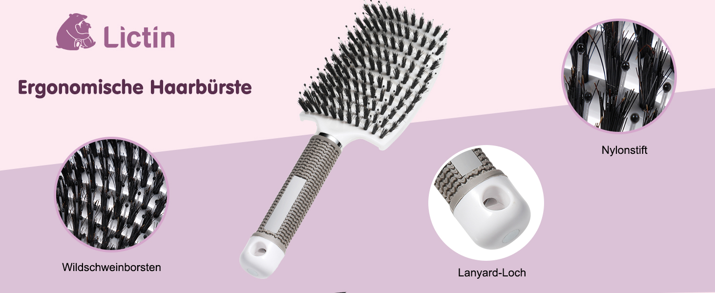 Щітка для волосся Lictin з щетиною дикого кабана (2 шт.) - для жінок, чоловіків та дітей. Розгладжує, не тягне, підходить для кучерявого та довгого волосся. Антистатична, з 4 зажимами. Чорний+Білий