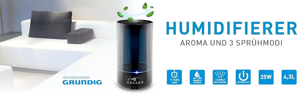 Зволожувач повітря та дифузор для ефірних олій Grundig 4,3 л з гігрометром, таймером та нічним світлом (15-35 м²)