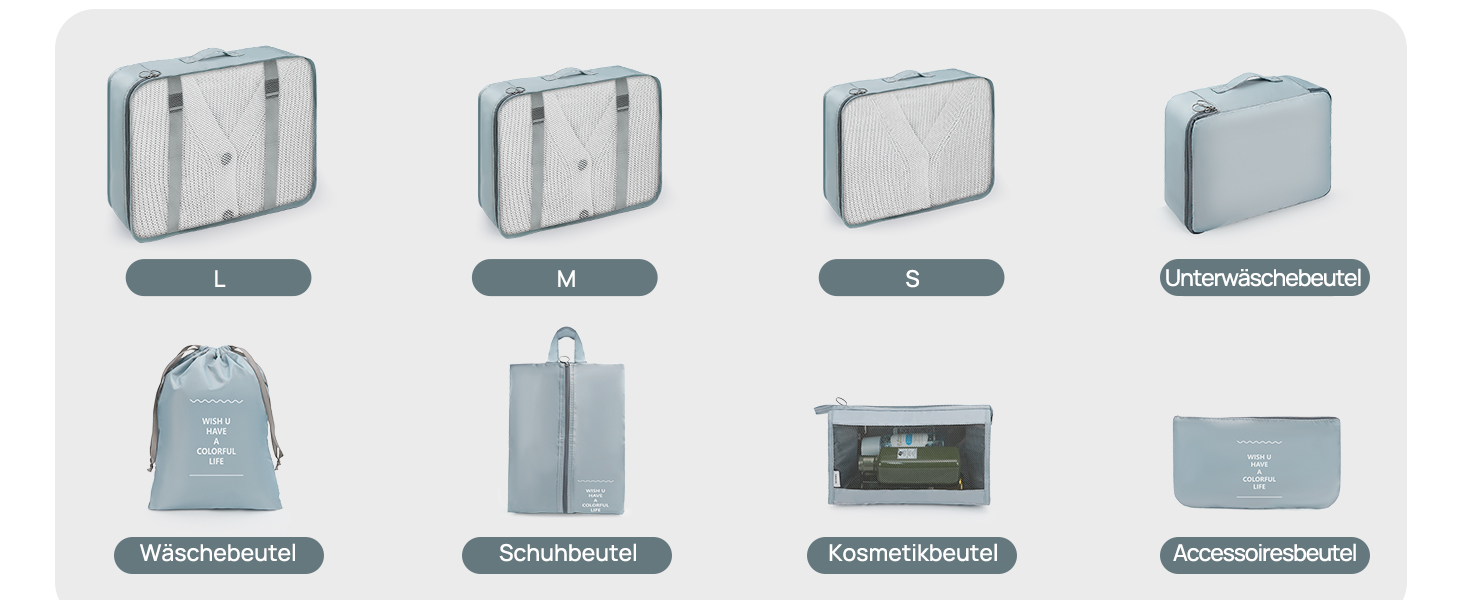 Органайзери для валізи 8 шт., дорожні куби для подорожей, водонепроникні, з косметичкою, сірі