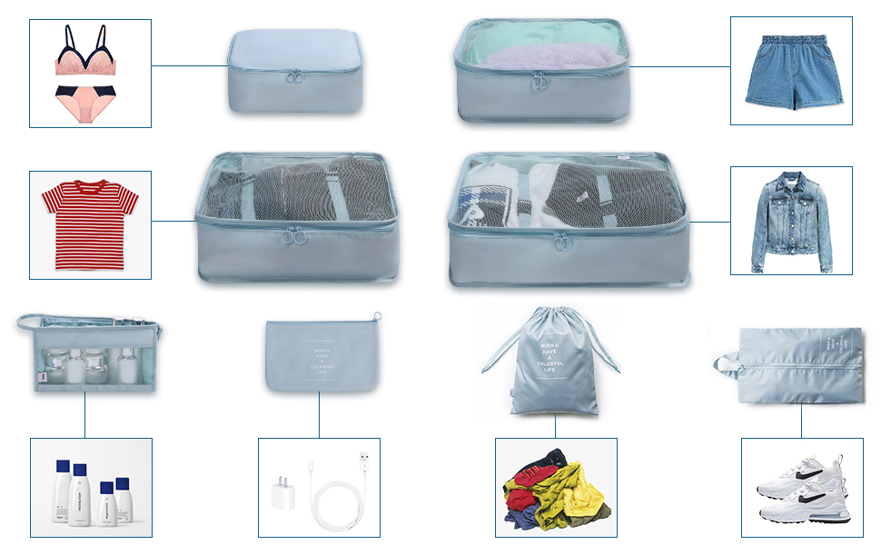 Органайзер для валізи OSDUE, набір 8 шт: кубики для пакування, водонепроникні сумочки для одягу, сумки для взуття, кишеня для USB-кабелів (чорний)