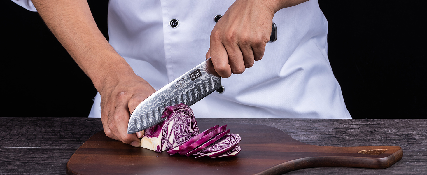 Ніж Сантоку SHAN ZU Damast PRO Series: 67 шарів дамаської сталі, ручка G10