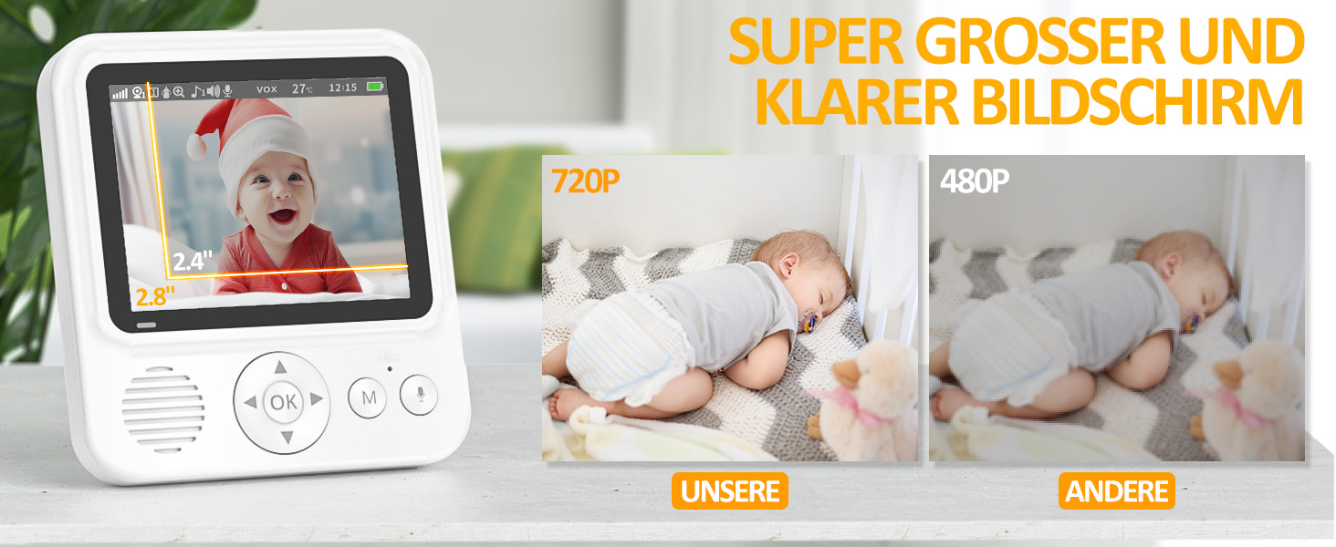 Дитячий відеоняня OBVHNUA з камерою 720p IPS, 2.8' екраном, акумулятором 2000mAh, цифровим зумом, функцією VOX, двостороннім аудіо, нічним баченням, контролем температури та колисковою