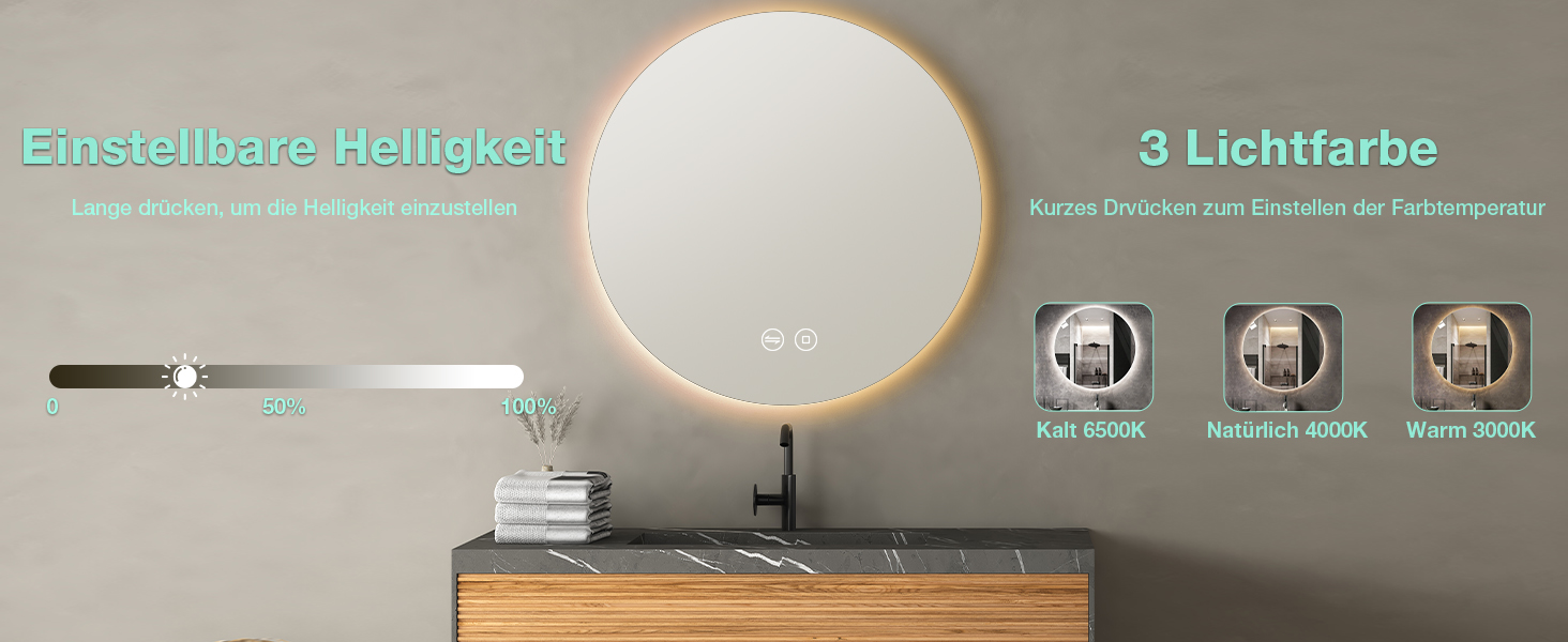 Круглий дзеркало для ванної кімнати з підсвічуванням 80 см, 3 кольори світла, регулювання яскравості, проти запотівання, сенсорне управління, функція пам'яті, LED, енергозберігаючий