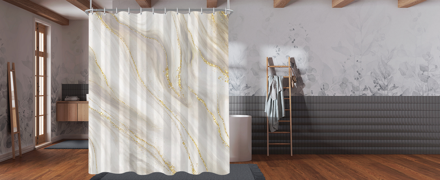 Штора для ванної кімнати 180x200 см з антигрибковим покриттям, водовідштовхувальна, поліестер, з кільцями (Phnom Penh Сірий мармур)