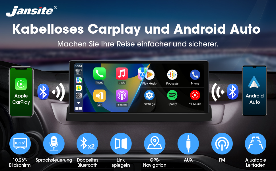 Автомобільний дисплей 10,26'' CarPlay/Android Auto з сенсорним екраном, підставкою, камерою заднього виду, GPS-навігацією, підтримкою Siri/Google для авто 2025, Buddy Display