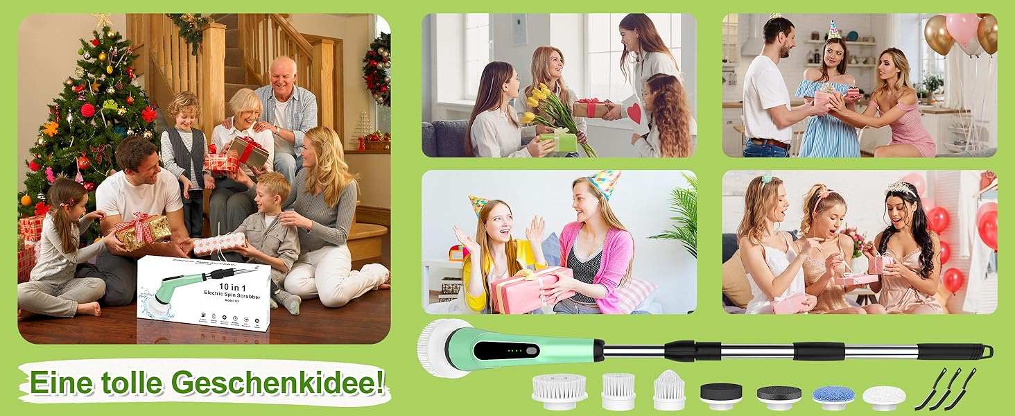 Електрична щітка для прибирання з 7 насадок, водонепроникна IPX7, регульована ручка, для ванної, кухні, підлоги, авто (білий/зелений)