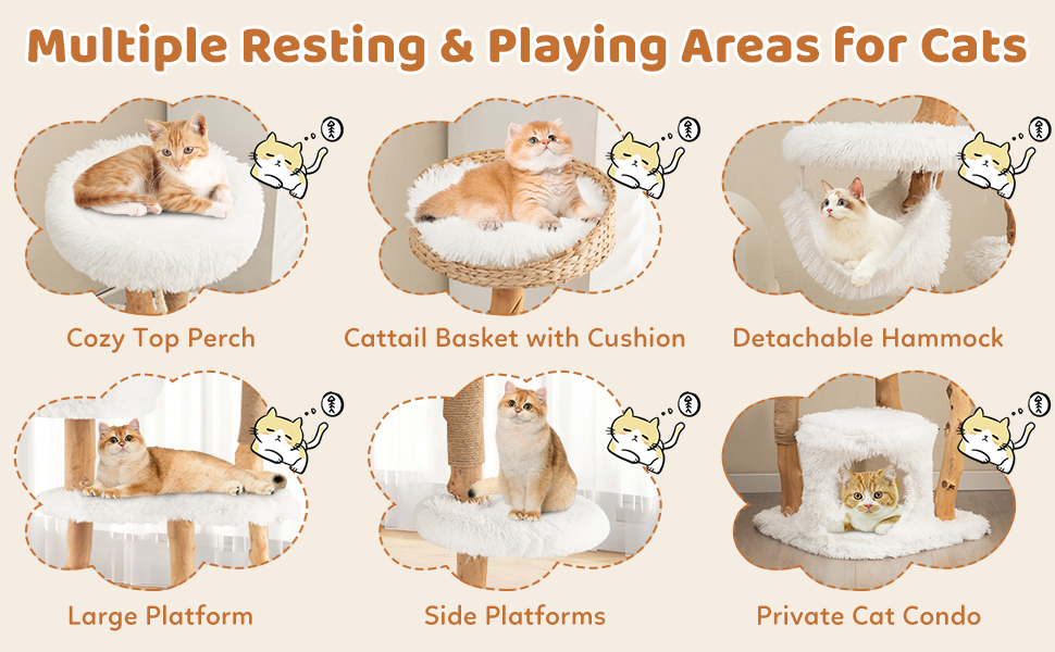 Дерев'яна кігтеточка SOARS для котів з 3 природними стовбурами, ліжком та плюшевими поверхнями, з іграшковим м'ячиком та джутовим мотузком, багатоповерхова, біла (124 см)