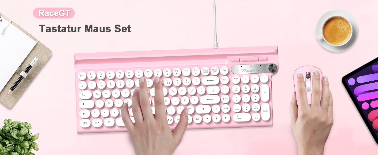 Ігрова клавіатура та миша RaceGT з RGB підсвічуванням, 104 клавіші, вологостійка, 7 кнопок миші 6400 DPI, QWERTZ (DE-Layout), рожевий кабель