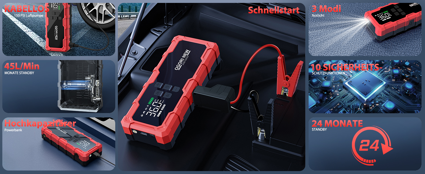 Powerbank Starthilfe з компресором 6000A, 12V, для бензинових (8L) та дизельних (10L) авто, з LED-ліхтариком