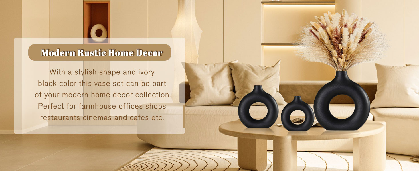 Набір ваз для квітів - 2 шт. з кераміки, білі, для декору будинку, сухоцвітів, Pampas grass, подарунок, малі та середні розміри (чорний)