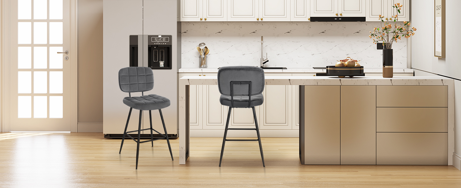 EUGAD Velvet & Metal Bar Stools 2-Pack - Padded Kitchen Counter Stools with Footrest & Backrest - Dark Gray
