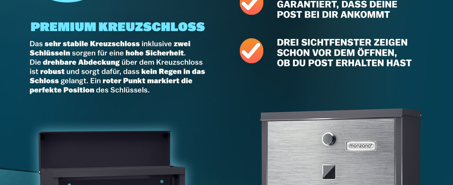 Поштовий ящик Monzana Kreuzschloss з мідним циліндром, поворотна кришка 31x10x34 см, вікно, табличка для імені, відділення для газет, сталь, 2 ключі, чорно-срібний