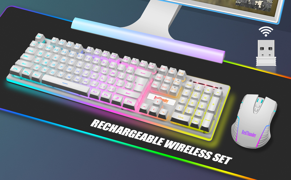 RedThunder K10 Бездротовий Ігровий Набір Клавіатури та Миші, QWERTZ DE Розкладка, 3000mA Батарея, 3200 DPI для Геймерів (Білий)