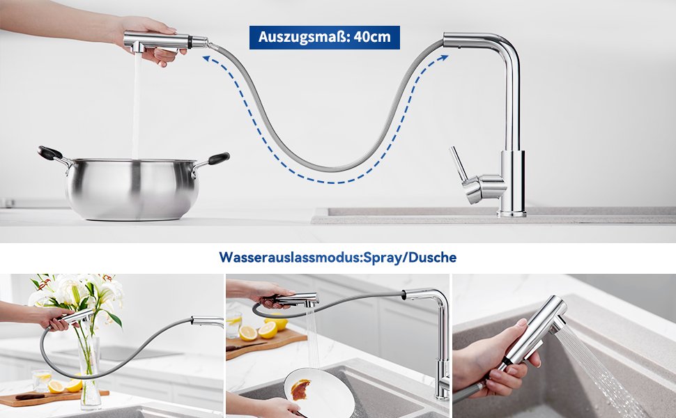 Змішувач кухонний висувний CECIPA з донним виливом, нержавіюча сталь, 2 режими, 360° оберт, матовий, для кухні