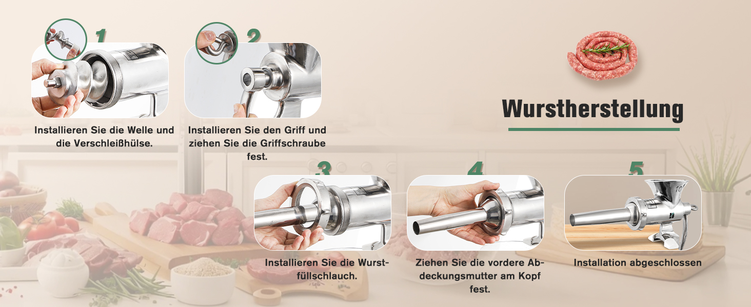 М'ясорубка ручна Huanyu з нержавіючої сталі, насадки для ковбас та печива, миється в посудомийній машині (№8, №10)