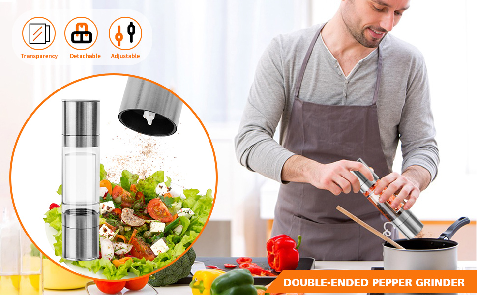 Мельниця для солі та перцю з керамічним жорном, сталеве маточне колесо, регулювання помелу, скло та нержавіюча сталь