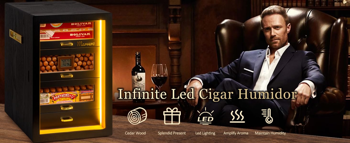 Гумодор для сигар, настільний з цифровим гігрометром, зволожувачем та пакетами для вологи. 4 висувні ящики з кедрової деревини, вміщує до 200 сигар (чорний)