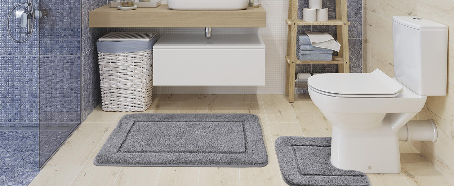 Набір килимків для ванної кімнати SOANNY (2 шт.), мікрофібра, антиковзаючі, швидковисихаючі, сірий. Розміри: 53x86 см та 50x50 см