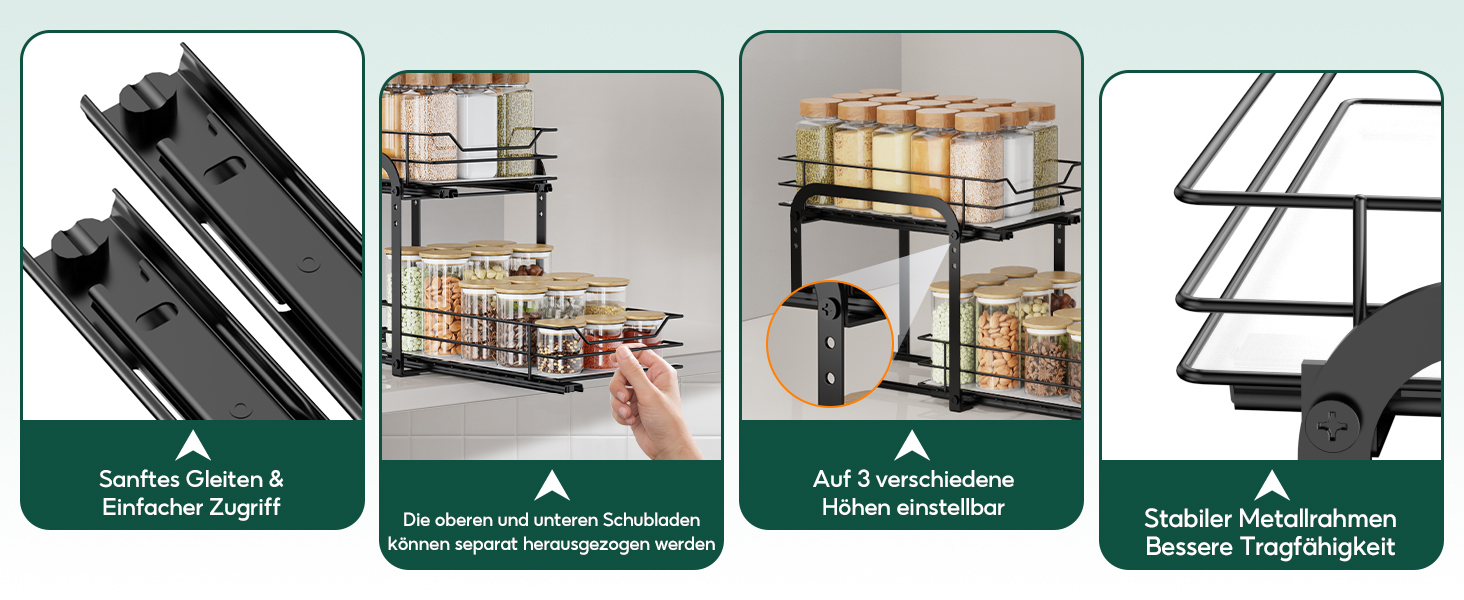 Висувна полиця для спецій на 2 яруси, регульована по висоті, органайзер для кухонної шафи, стояча полиця для спецій, висувна полиця для спецій з наклейками для кухні та робочої поверхні, L26*B23*H23cm (L26xB29xH23cm)